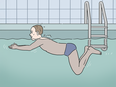 Auf dem Bild ist ein Mann. Er schwimmt im Hallenbad.