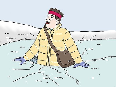 Auf dem Foto ist ein Mann in das Eis eingebrochen. Er steht bis zum Bauch im Wasser. Der Mann ruft um Hilfe.