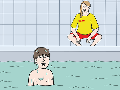 Auf dem Bild sind eine DLRG-Frau und ein Kind. Die beiden sind im Hallenbad. Die DLRG-Frau hockt am Rand von dem Schwimmbecken. Das Kind steht im Becken bis zur Brust im Wasser.