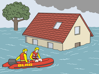 Auf dem Bild ist eine überschwemmte Landschaft mit einem Haus. Daneben ist auf dem Wasser ein Boot mit zwei DLRG-Männern.
