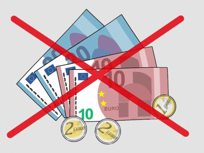 Auf dem Bild sind durchgestrichene Geldscheine und Münzen.