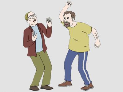 Zu sehen sind zwei Männer. Ein Mann schaut böse und holt mit der Faust zum Schlag aus. Der andere Mann schaut erschrocken. Er hält dabei die Hände nach vorne, um sich zu schützen. vor das Gesicht.