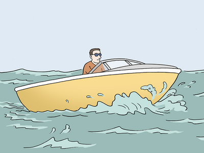 Auf dem Bild ist ein Mann auf einem Motorboot. Er trägt eine Sonnenbrille.