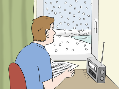 Auf dem Bild ist ein Mann. Er schaut aus dem Fenster. Draußen schneit es. Der Mann liest die Nachrichten in der Zeitung und guckt nachdenklich.