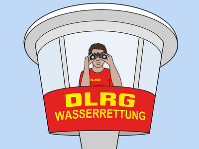 Auf dem Bild ist ein DLRG-Turm. Auf dem Turm sitzt ein DLRG-Rettungsschwimmer. Er schaut durch ein Fernglas.