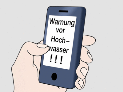 Auf dem Bild ist eine Hand mit einem Handy. Auf dem Bildschirm von dem Handy steht: Warnung vor Hochwasser!