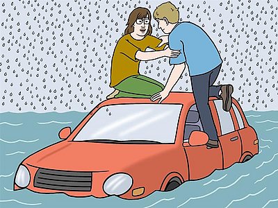 Auf dem Bild ist ein Auto im Hochwasser. Auf dem Auto sind eine Frau und ein Mann. Der Mann klettert auf das Autodach und die Frau hilft ihm dabei. Sie wollen sich vor dem Hochwasser schützen.