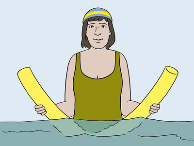 Auf dem Bild ist eine Frau im Wasser. Das Wasser geht bis zum Bauch von der Frau. Sie trägt eine Schwimm-Nudel.