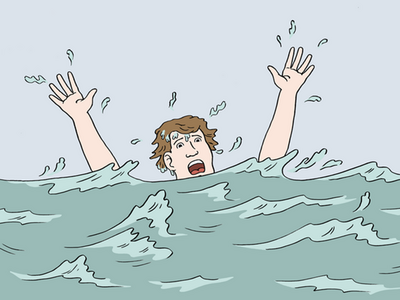 Auf dem Bild ist ein Mann. Er ertrinkt gerade. Der Mann reißt Augen und Mund weit auf. Er streckt dabei die Hände in die Luft.