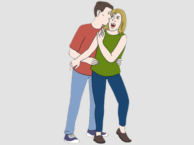 Auf dem Bild sind ein Mann und eine Frau. Der Mann hält die Frau an der Hüfte fest. Er küsst sie. Die Frau möchte das nicht. Sie will sich befreien.
